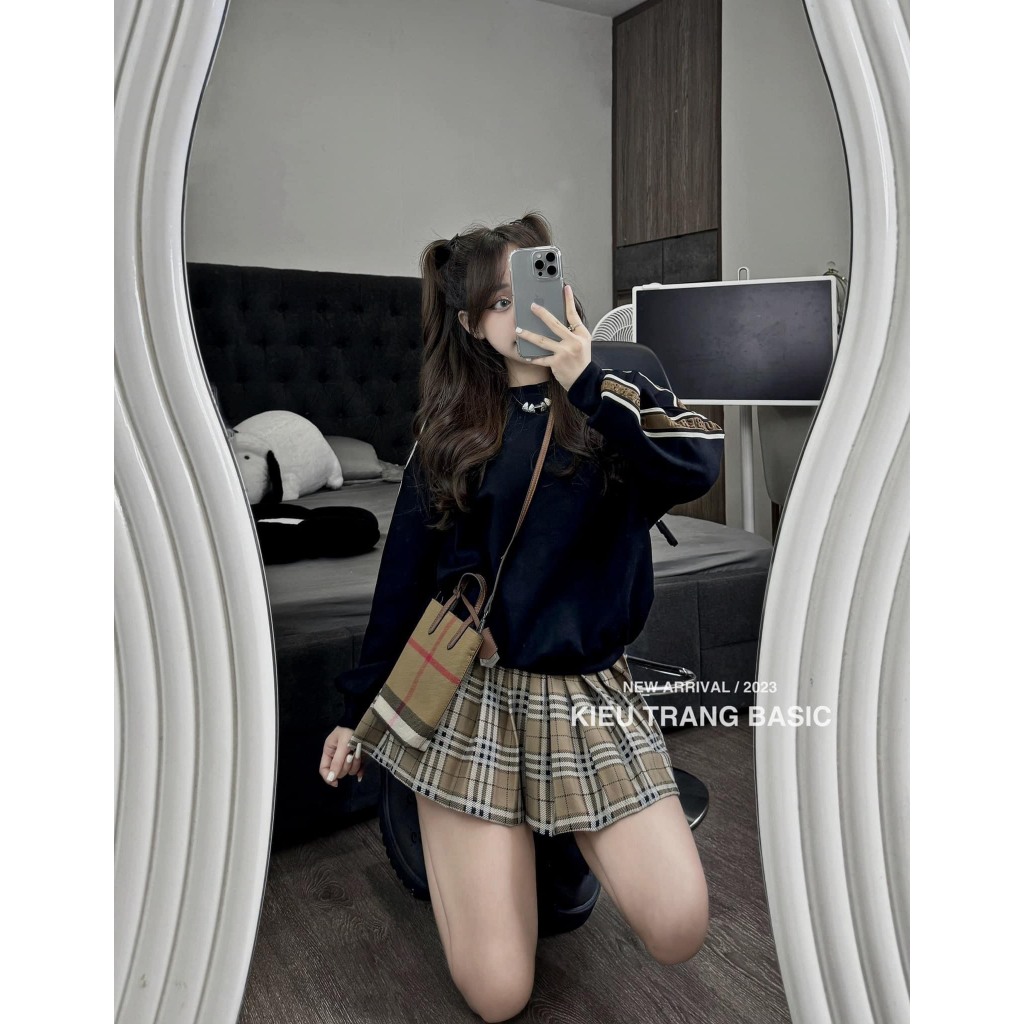 SET ÁO VIỀN SỌC TAY MIX CHÂN VÁY XẾP LY BBR