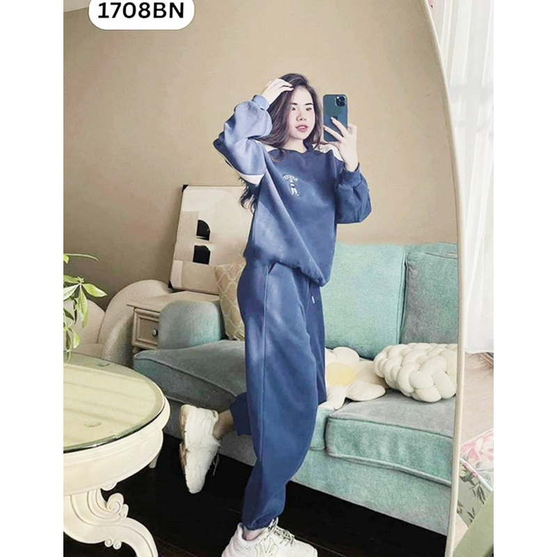 Set Bộ Nỉ Steye Hình Gấu. Bộ Đồ Swetter Fom Rộng mix Quần Jogger 2 màu be, xanh phong cách hàn quốc ullzang M65