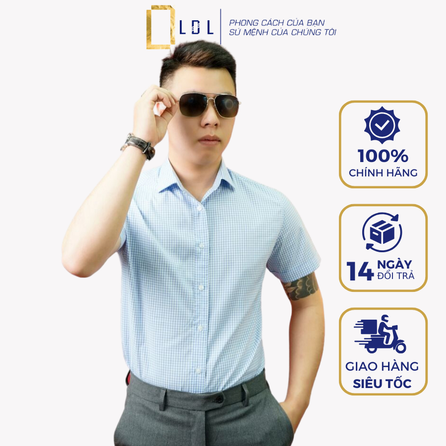 Áo Sơ Mi Nam Cộc Tay Sọc Ô Chất Liệu Cotton Hạn Chế Nhăn Nhàu, Thấm Hút Mồ Hôi Thương Hiệu LDL