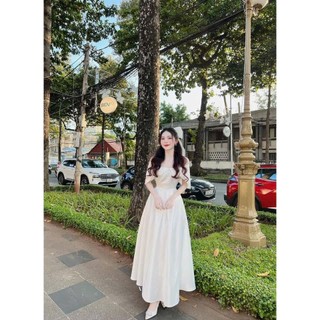 Đầm Váy Nữ Thiết Kế Bẹt Vai Đính Cườm Nơ Ngực Chất Tafta Dáng Váy Dài Xòe Siêu Sang Chảnh, Phù Hợp Diện Đi Dự Tiệc