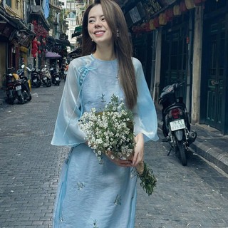 Áo dài cách tân nữ tơ thêu hoa ld48