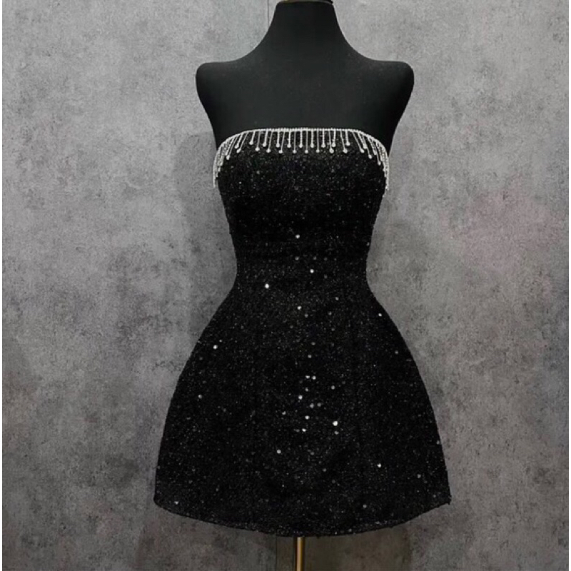 JENNYCLOSET | Váy quây kim sa đính đá from chuẩn , Đầm quây bling có mút ngực tiểu thư sang chảnh mặc đi dự tiệc