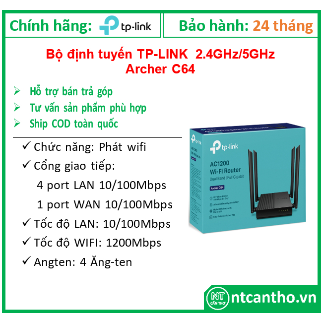 Bộ định tuyến TP-LINK, 2,4GHz/5GHz_Archer C64  phát wifi; 24T