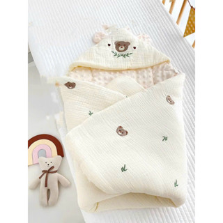 Ủ Xô Trần Bông Muslin Cao Cấp - Một Mặt Vải Xô Thêu Gấu- Thỏ Cao Cấp