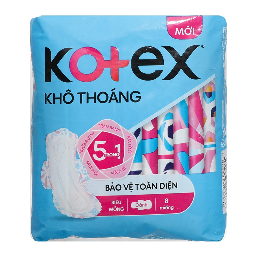 Băng vệ sinh Kotex KHÔ THOÁNG Maxi cánh 8 miếng kháng khuẩn 5in1