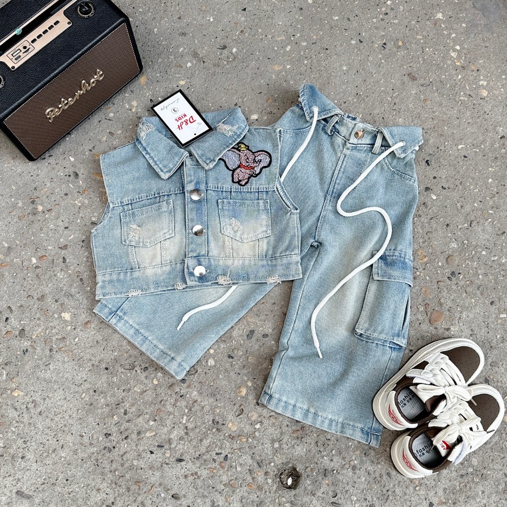 Set Áo Bò Kèm Quần Jeans Túi Hộp Cho Bé Gái WOWKIDS Thêu Hình Voi Phong Cách Thời Trang Cá Tính