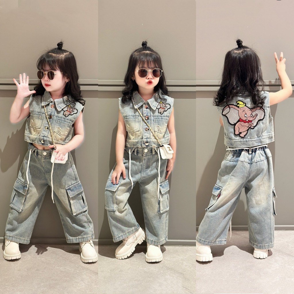 Set Áo Bò Kèm Quần Jeans Túi Hộp Cho Bé Gái WOWKIDS Thêu Hình Voi Phong Cách Thời Trang Cá Tính