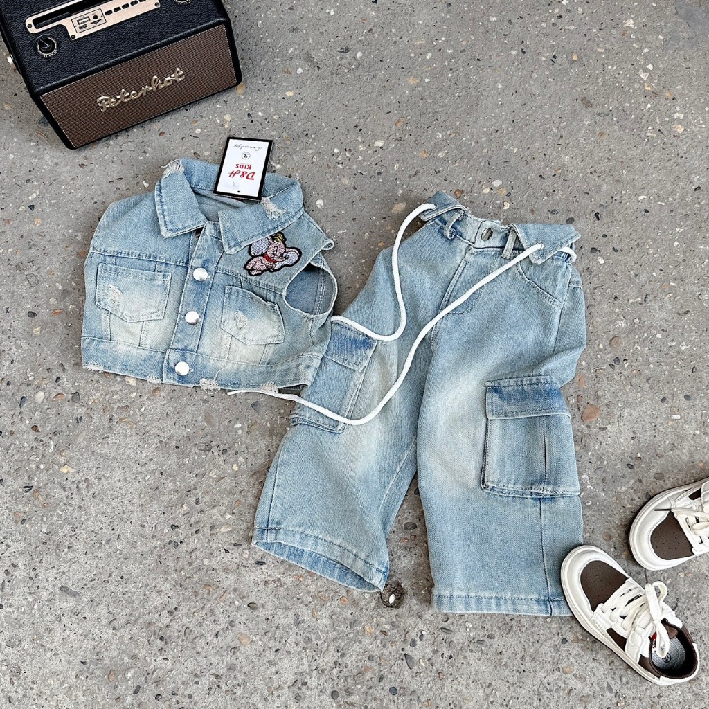 Set Áo Bò Kèm Quần Jeans Túi Hộp Cho Bé Gái WOWKIDS Thêu Hình Voi Phong Cách Thời Trang Cá Tính