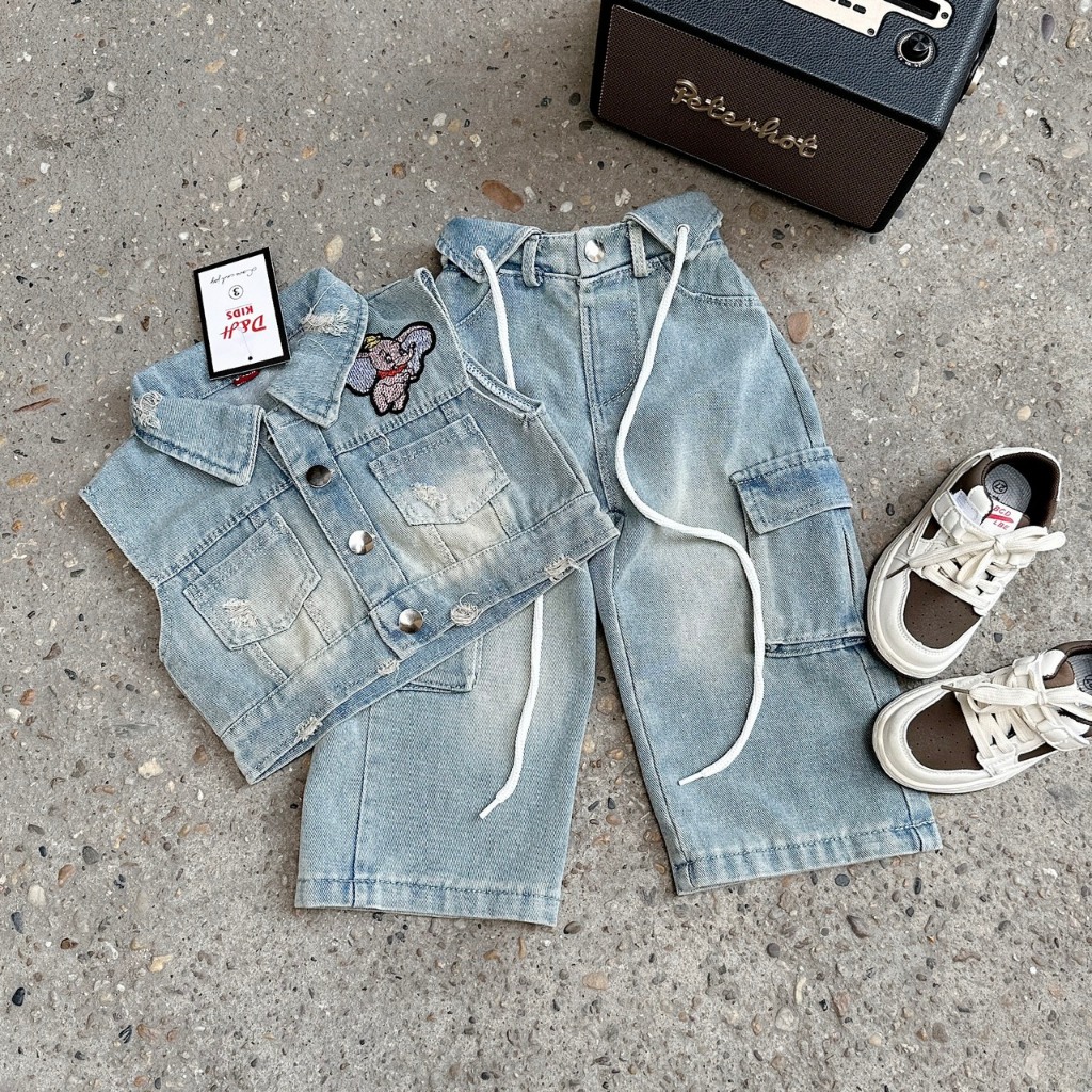 Set Áo Bò Kèm Quần Jeans Túi Hộp Cho Bé Gái WOWKIDS Thêu Hình Voi Phong Cách Thời Trang Cá Tính