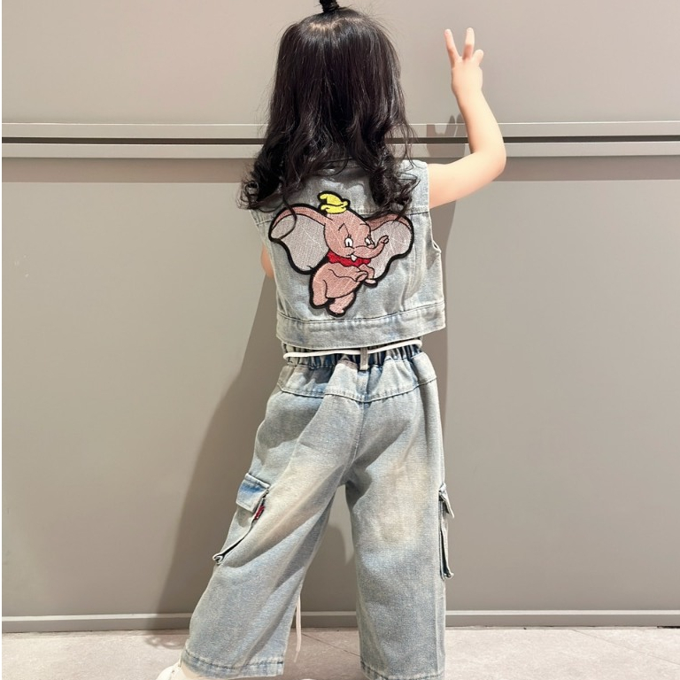 Set Áo Bò Kèm Quần Jeans Túi Hộp Cho Bé Gái WOWKIDS Thêu Hình Voi Phong Cách Thời Trang Cá Tính