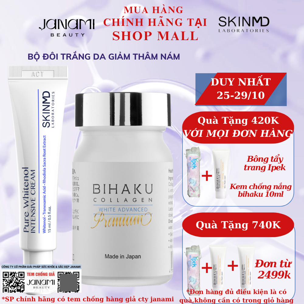 Bộ đôi chăm sóc làn da mỏng yếu và tái tạo tế bào gốc Bihaku Collagen 30v và Skinmd Cream Pure Intensive 15ml
