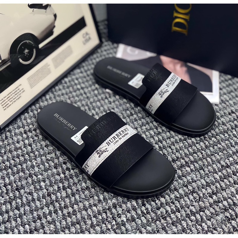Dép da nam Bur berry in chữ cao cấp kiểu dáng thời trang