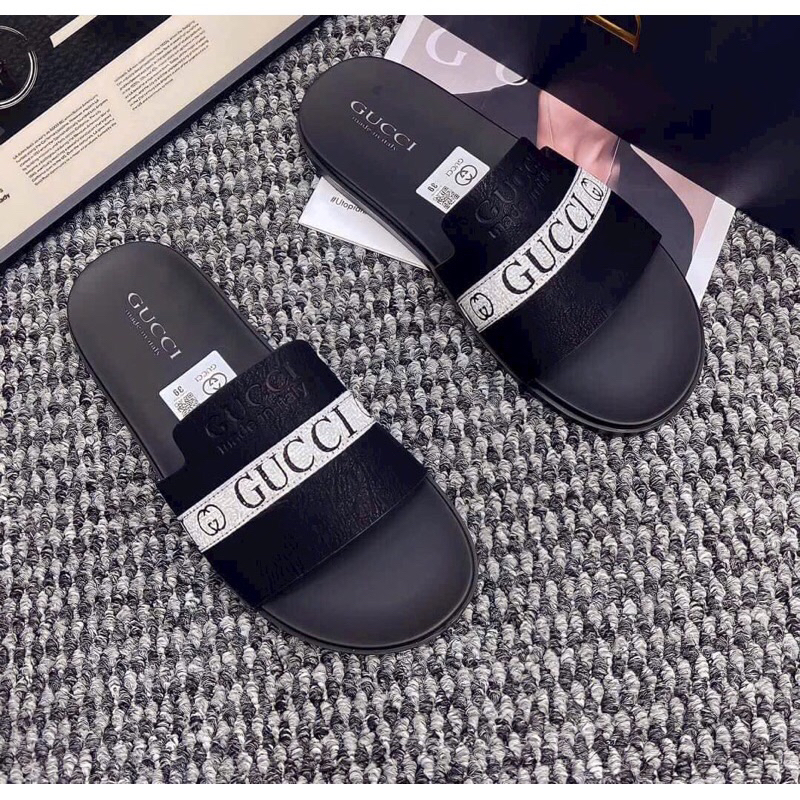 Dép da nam Bur berry in chữ cao cấp kiểu dáng thời trang