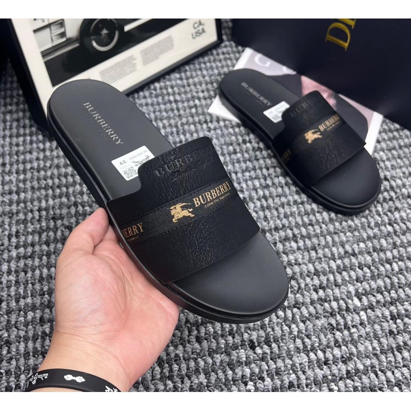 Dép da nam Bur berry in chữ cao cấp kiểu dáng thời trang
