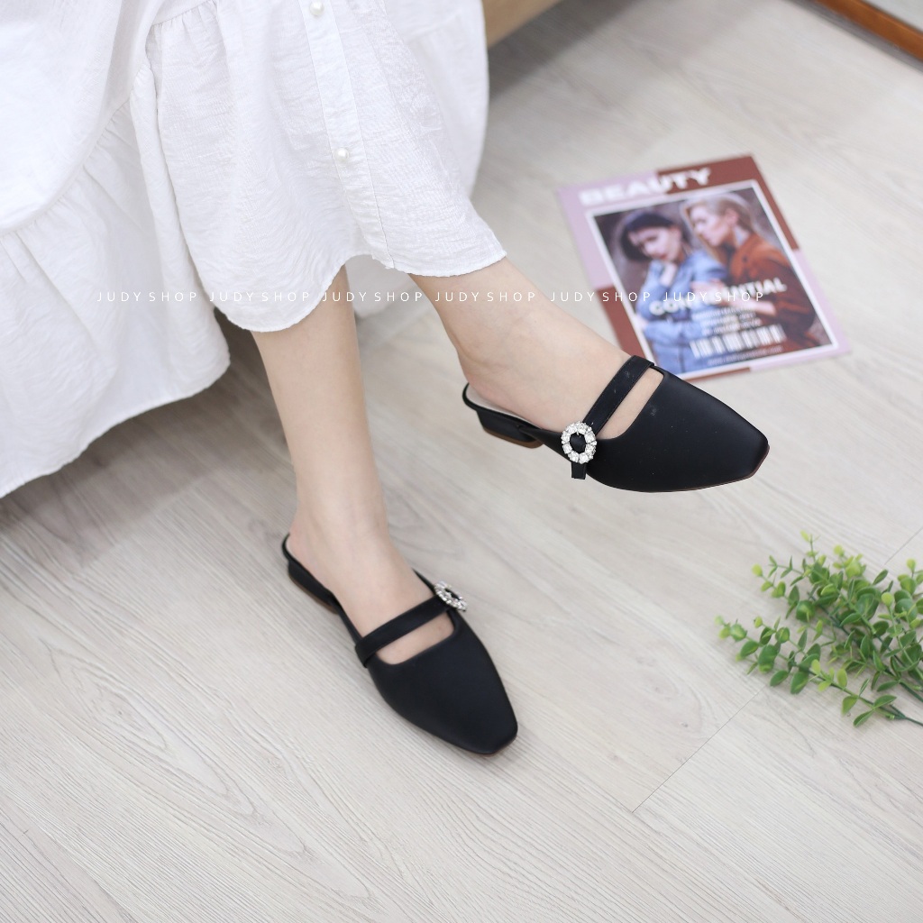 Dép Sục MIAOZULI Quai Ngang Khuy Đá Tròn Sang Chảnh Gót Cao 3p QCCC