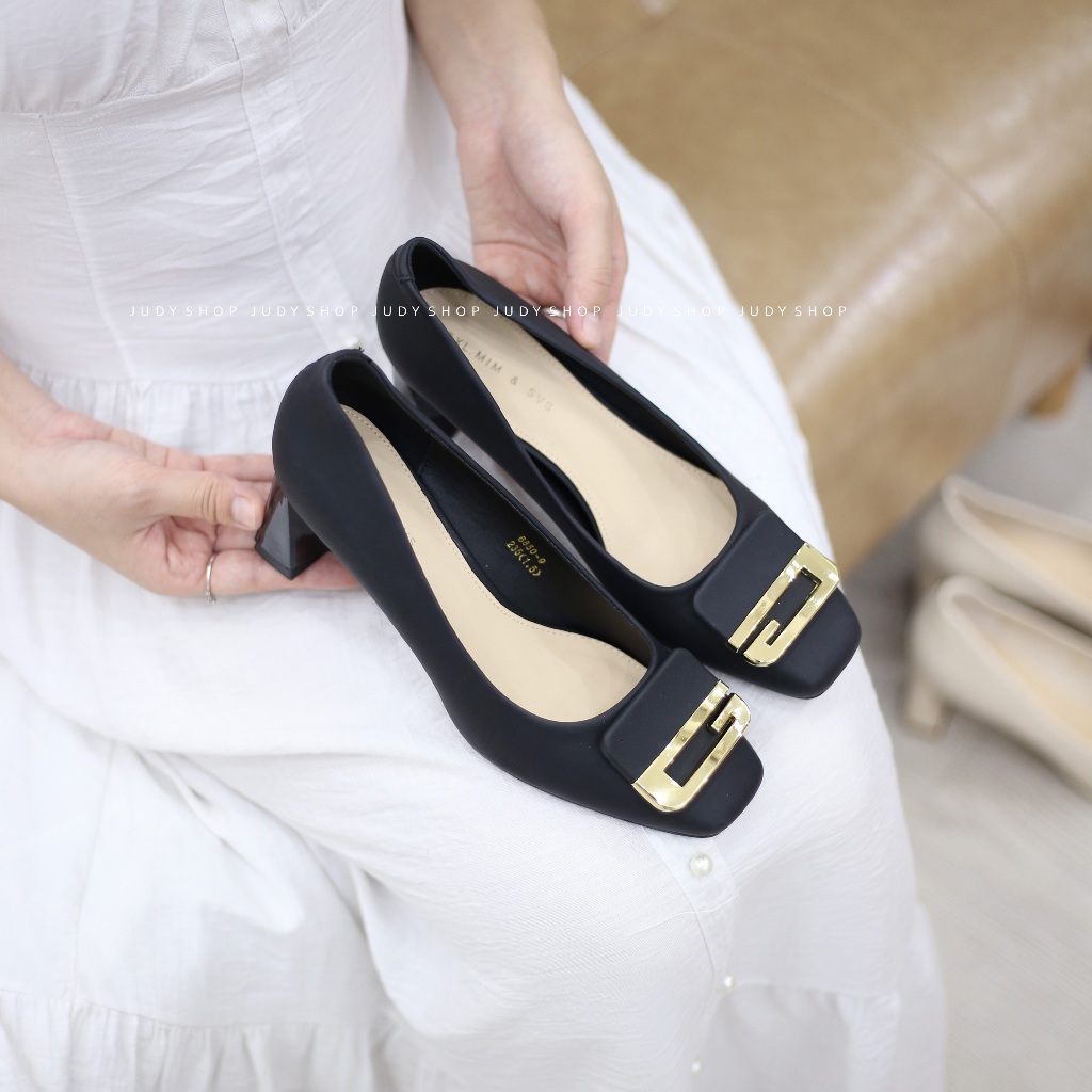 Giày Công Sở - Giày Gót Nữ Mũi Vuông Khuy G Da Mềm Đế Cao 6p QCCC