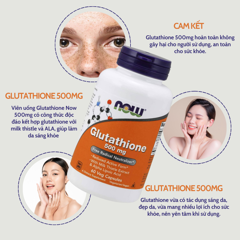 Viên uống Now Glutathione 500mg hỗ trợ trắng sáng da giúp da đều màu 60 viên