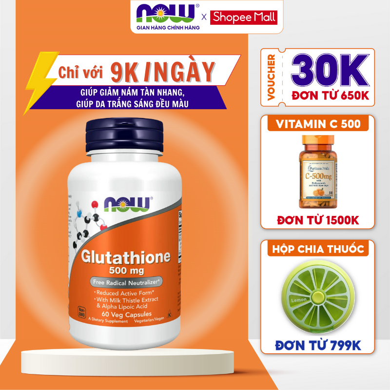 Viên uống Now Glutathione 500mg hỗ trợ trắng sáng da giúp da đều màu 60 viên