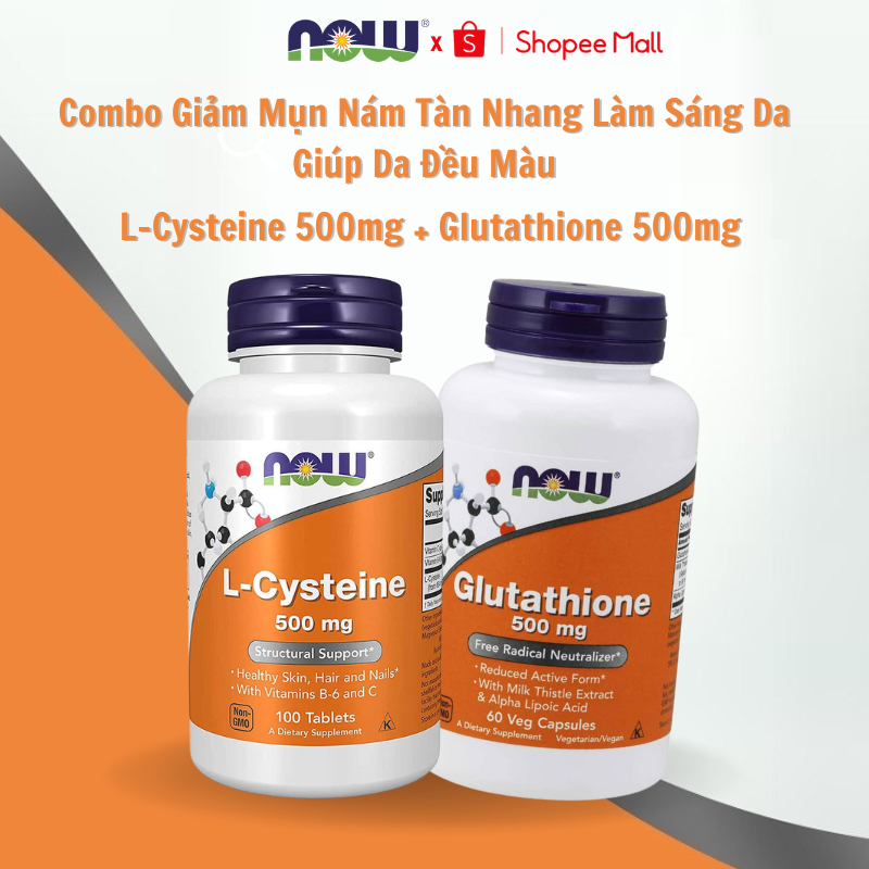Combo hỗ trợ trắng da giảm mụn nám tàn nhang L-Cysteine 500mg + Glutathione 500mg