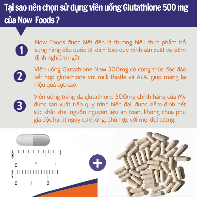 Viên uống Now Glutathione 500mg/ L- Glutathione Puritan's Pride hỗ trợ làn da trắng sáng giúp da đều màu 60 viên