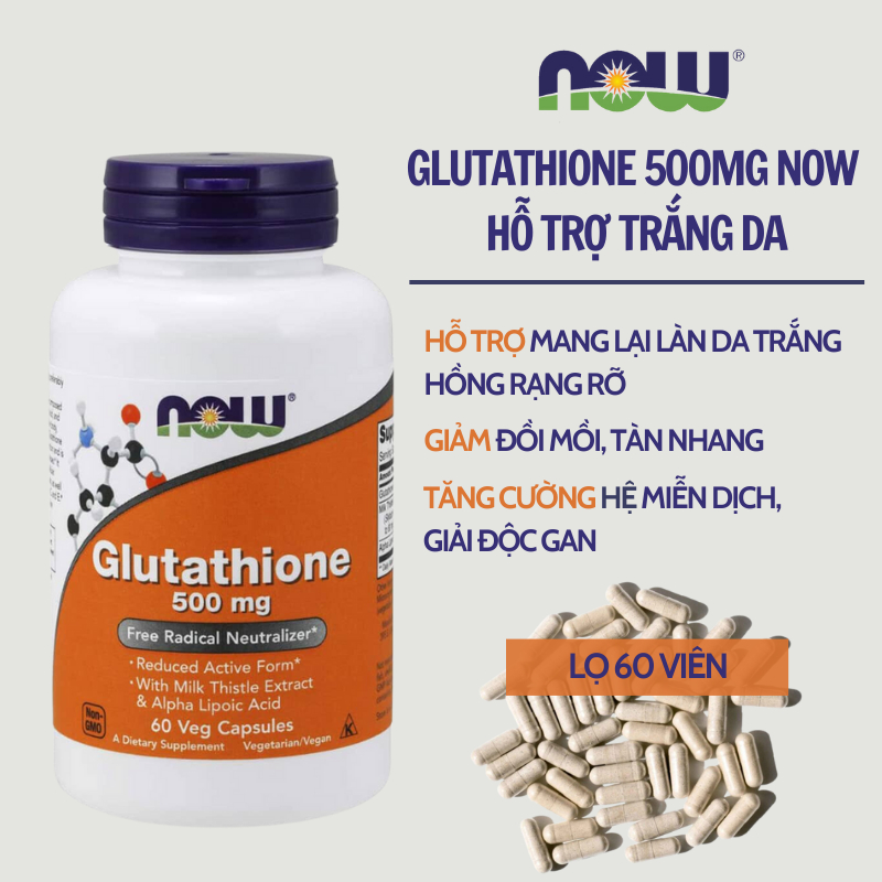 Viên uống Now Glutathione 500mg/ L- Glutathione Puritan's Pride hỗ trợ làn da trắng sáng giúp da đều màu 60 viên