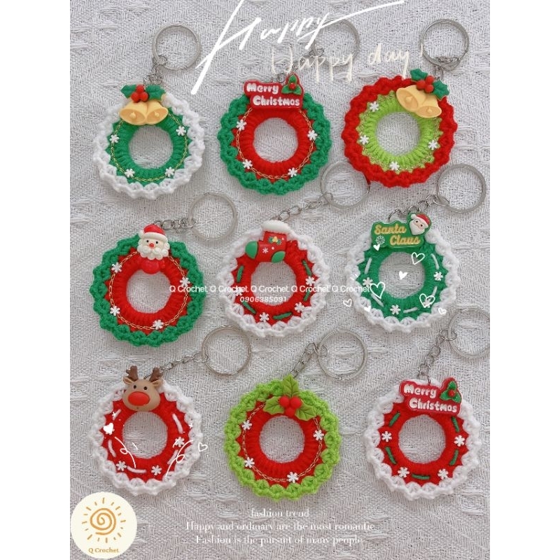 Móc khóa Noel Vòng Nguyệt Quế bằng len handmade làm quà tặng, treo cây thông