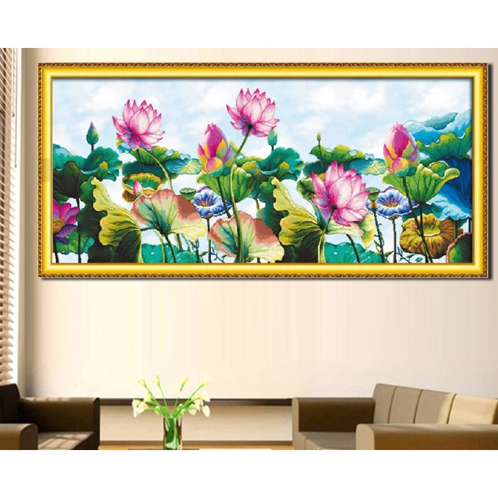 tranh thêu chữ thập phong cảnh hoa sen Mn0260 (150x66)cm