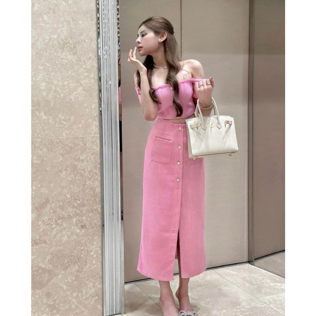 SET ÁO CROPTOP DẠ HỒNG RỚT VAI + CHÂN VÁY MIDI XẺ NÚT  ONEC
