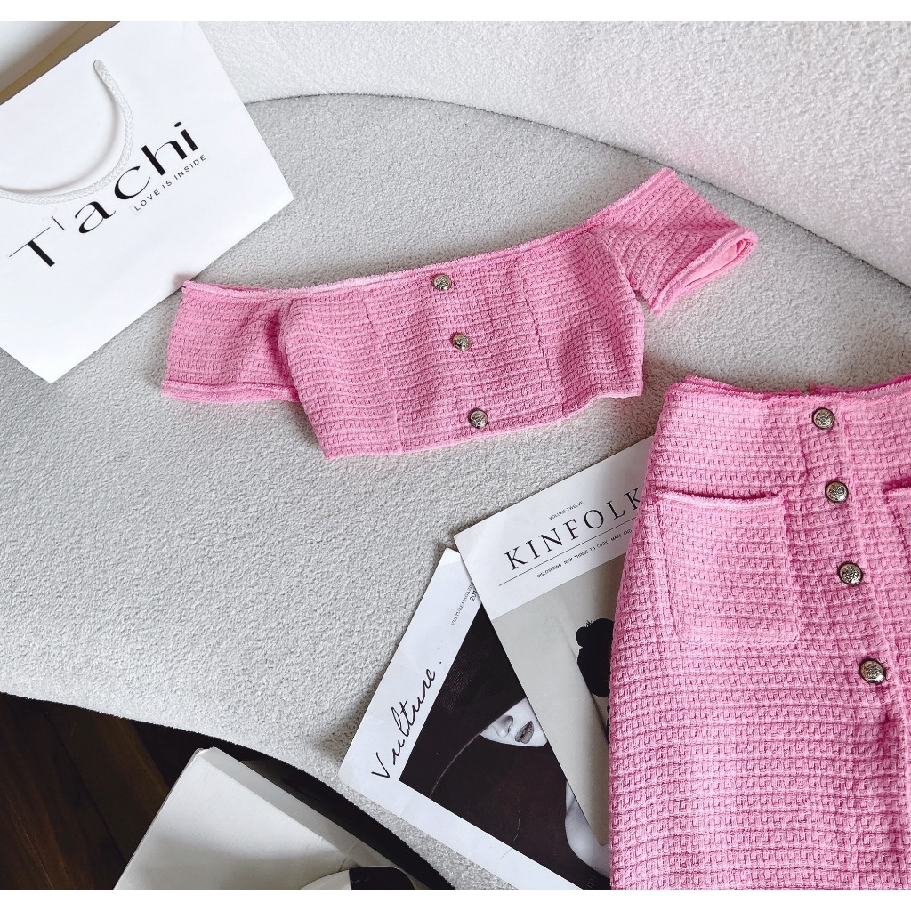 SET ÁO CROPTOP DẠ HỒNG RỚT VAI + CHÂN VÁY MIDI XẺ NÚT  ONEC