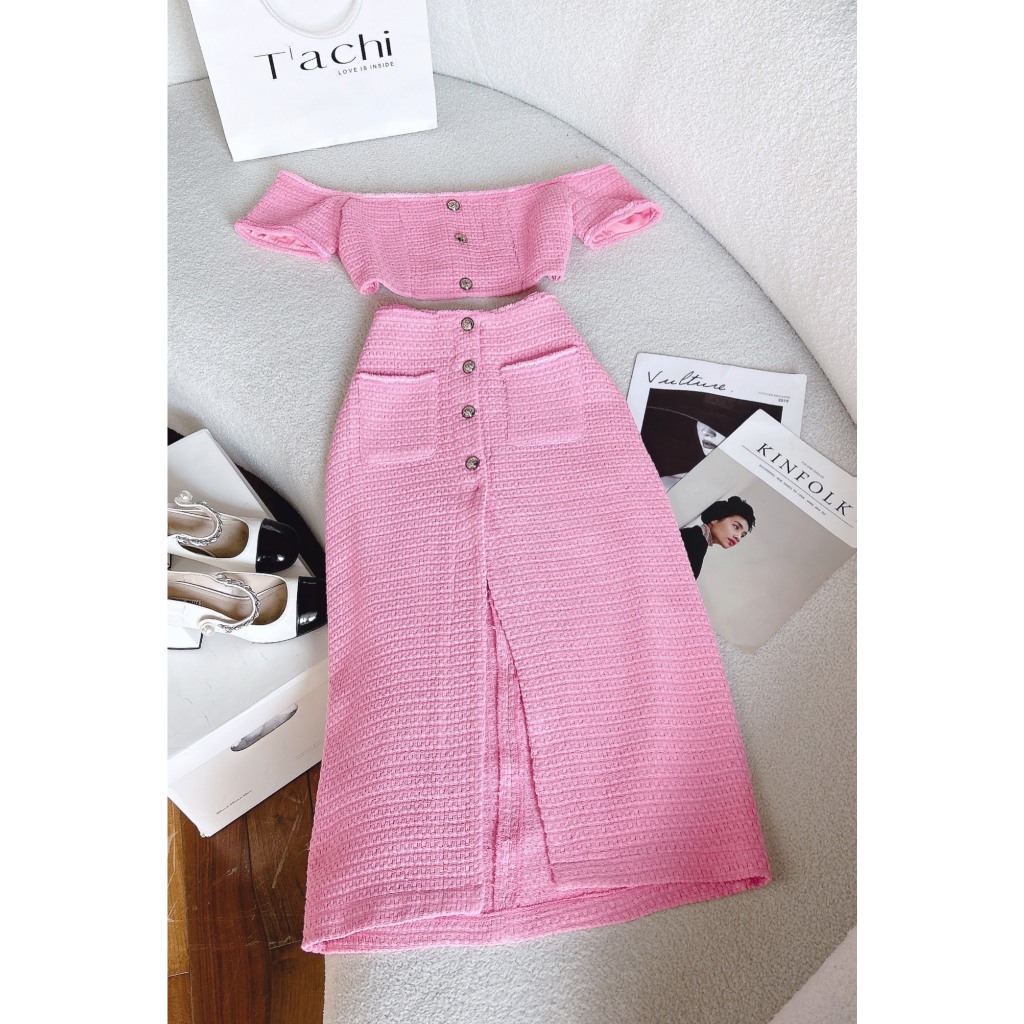 SET ÁO CROPTOP DẠ HỒNG RỚT VAI + CHÂN VÁY MIDI XẺ NÚT  ONEC