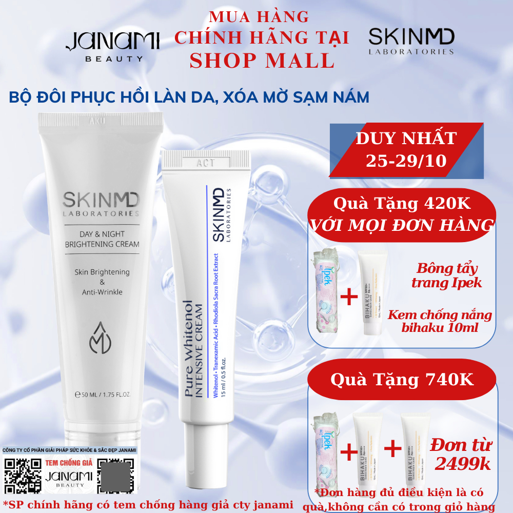 Bộ dưỡng da chăm sóc vết nám & nếp nhăn Skinmd pure whitenol SKINMD LABORATORIES For Melasma spot & Wrinkles care 65ml