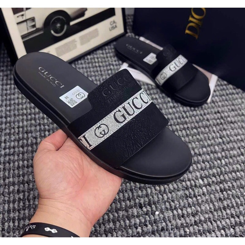 Dép da nam Bur berry in chữ cao cấp kiểu dáng thời trang