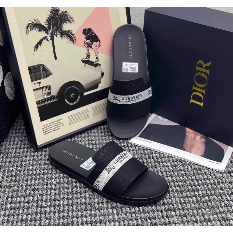 Dép da nam Bur berry in chữ cao cấp kiểu dáng thời trang