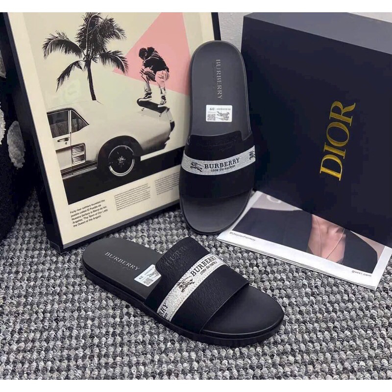 Dép da nam Bur berry in chữ cao cấp kiểu dáng thời trang