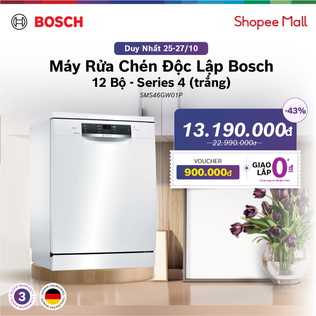 Máy rửa chén độc lập Bosch SMS46GW01P - Series 4 60cm (trắng) - Hàng chính hãng