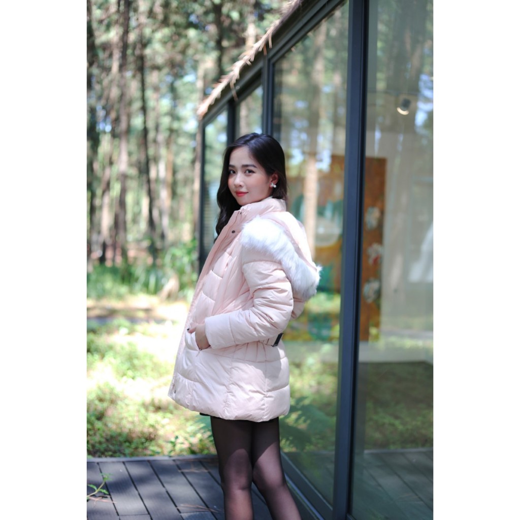 Áo khoác phao nữ SPEARL mũ lông thiết kế 3 lớp ấm áp - 218JW003