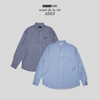 Áo sơ mi dài tay kẻ sọc adlv basic logo dáng suông màu xanh da trời - hàng chính hãng