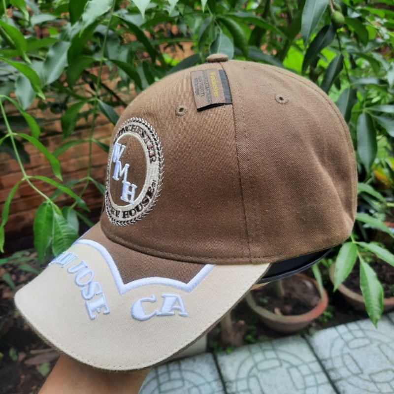 Mũ màu nâu họa tiết đẹp, sang trọng/ nón màu nâu logo WMH SANJOSE hàng VNXK.