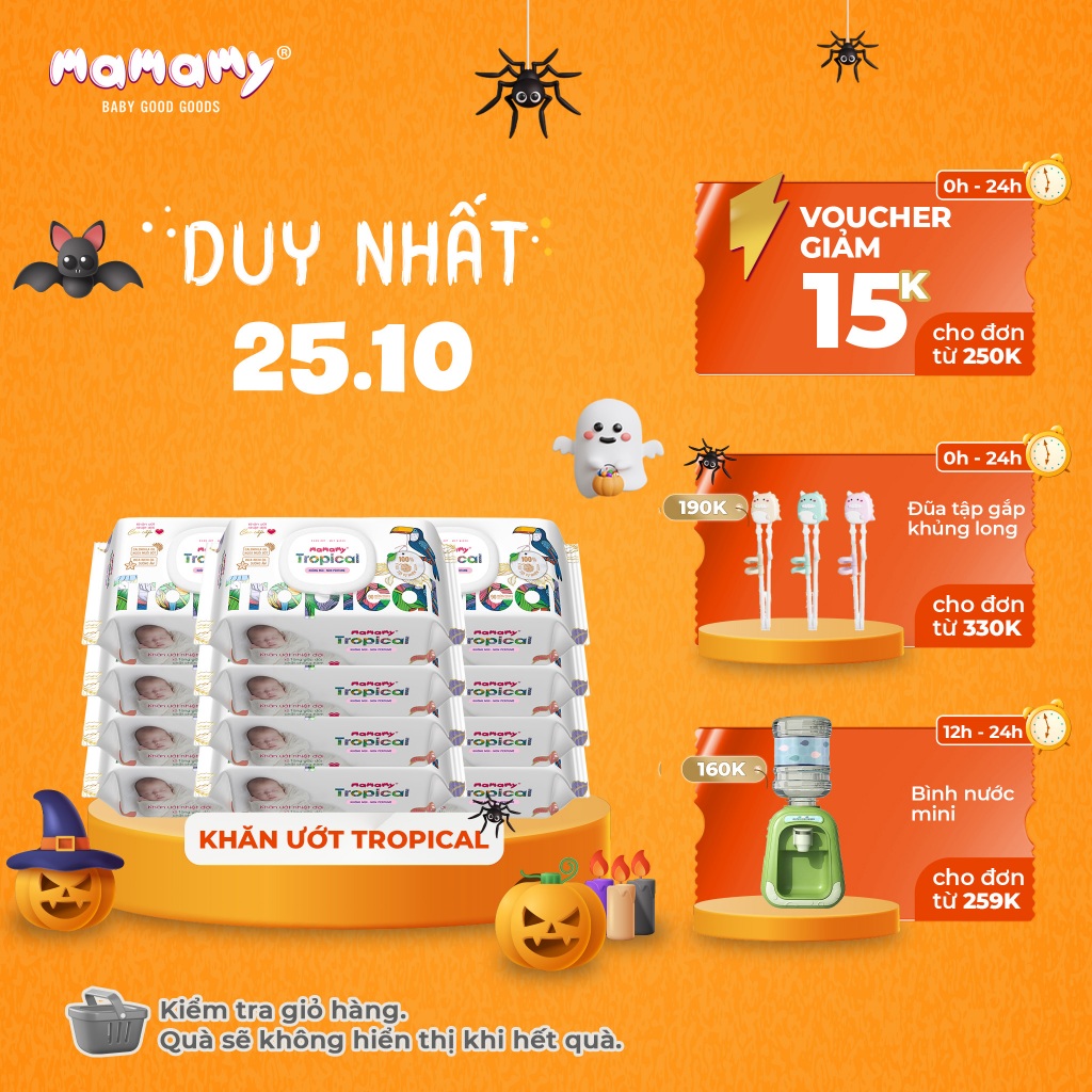 Combo 12 Khăn giấy ướt 100% sợi tự nhiên và rayon Mamamy Tropical Tinh dầu cúc vạn thọ/Không mùi 90 tờ