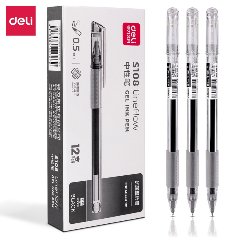 Bút gel Deli S108 nét 0.5mm Bút gel đệm tay thân trong mực đen