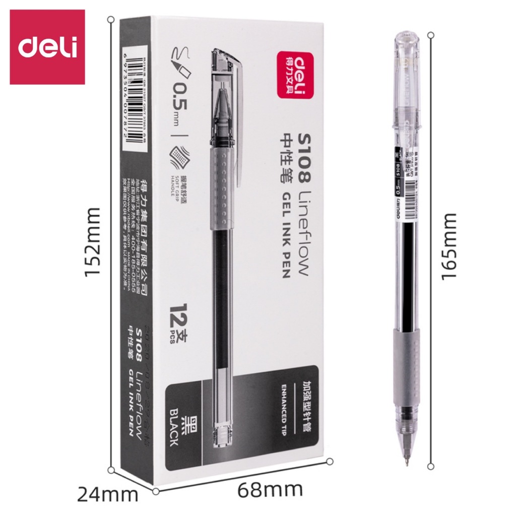 Bút gel Deli S108 nét 0.5mm Bút gel đệm tay thân trong mực đen