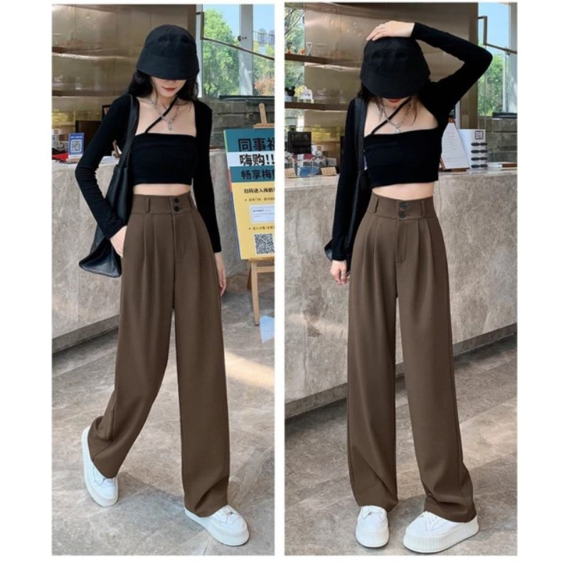 Quần Tây Ống Rộng Nữ Cạp Cao 2 Khuy
