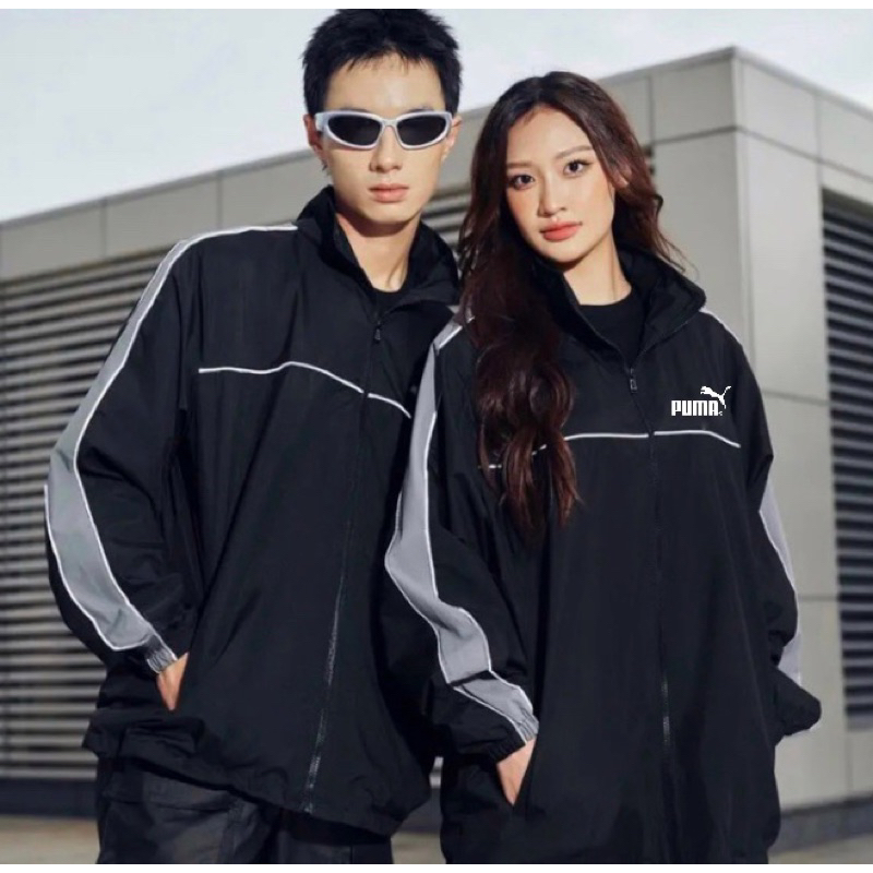 Áo Khoác dù chống nắng Nam Nữ 2 Lớp kháng nước Màu Đen Viền Xám P U M A Thể Thao Áo Khoác Dù Nam Nữ Áo Xuông