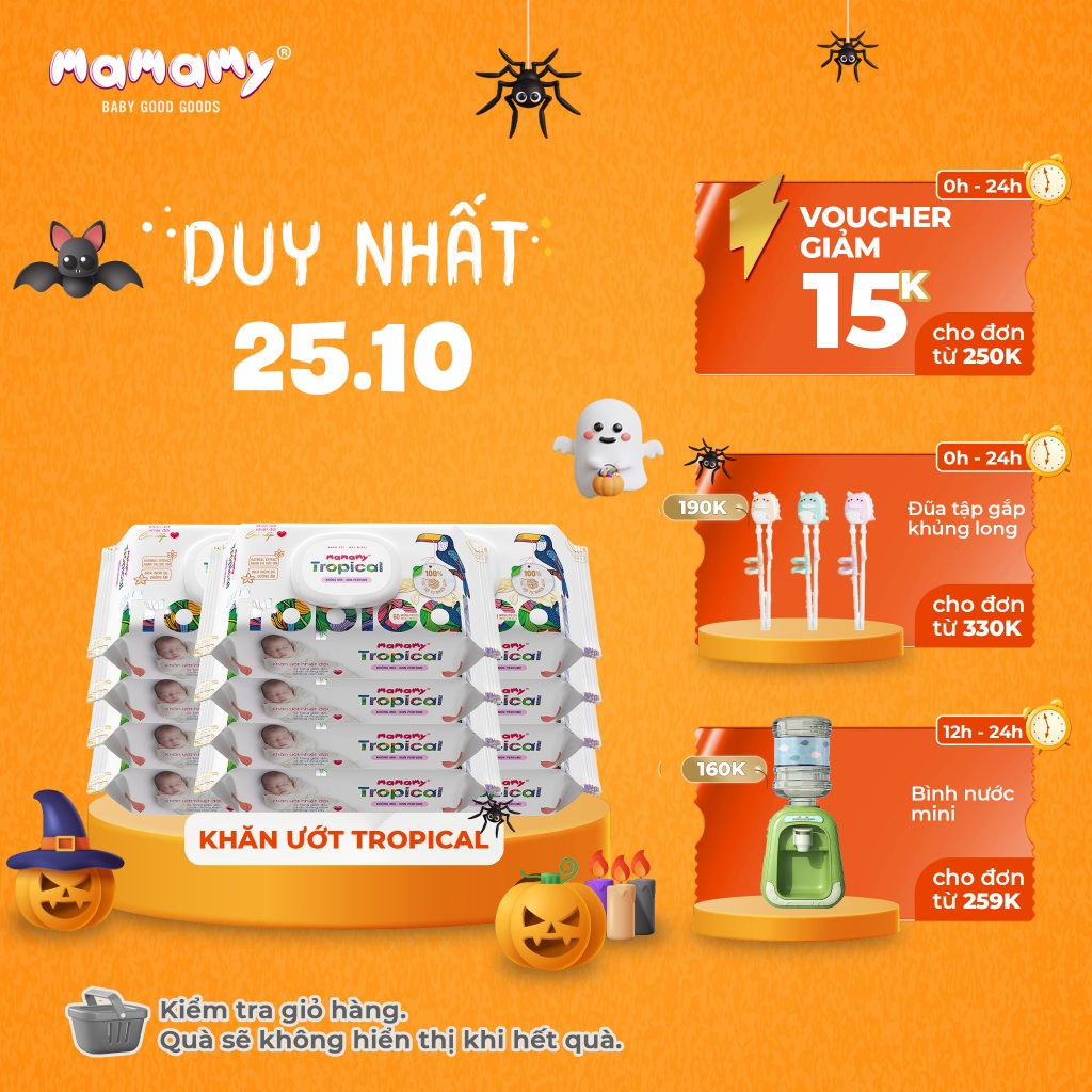 Combo 12 Khăn giấy ướt 100% sợi tự nhiên và rayon Mamamy Tropical Tinh dầu cúc vạn thọ/Không mùi 60 tờ