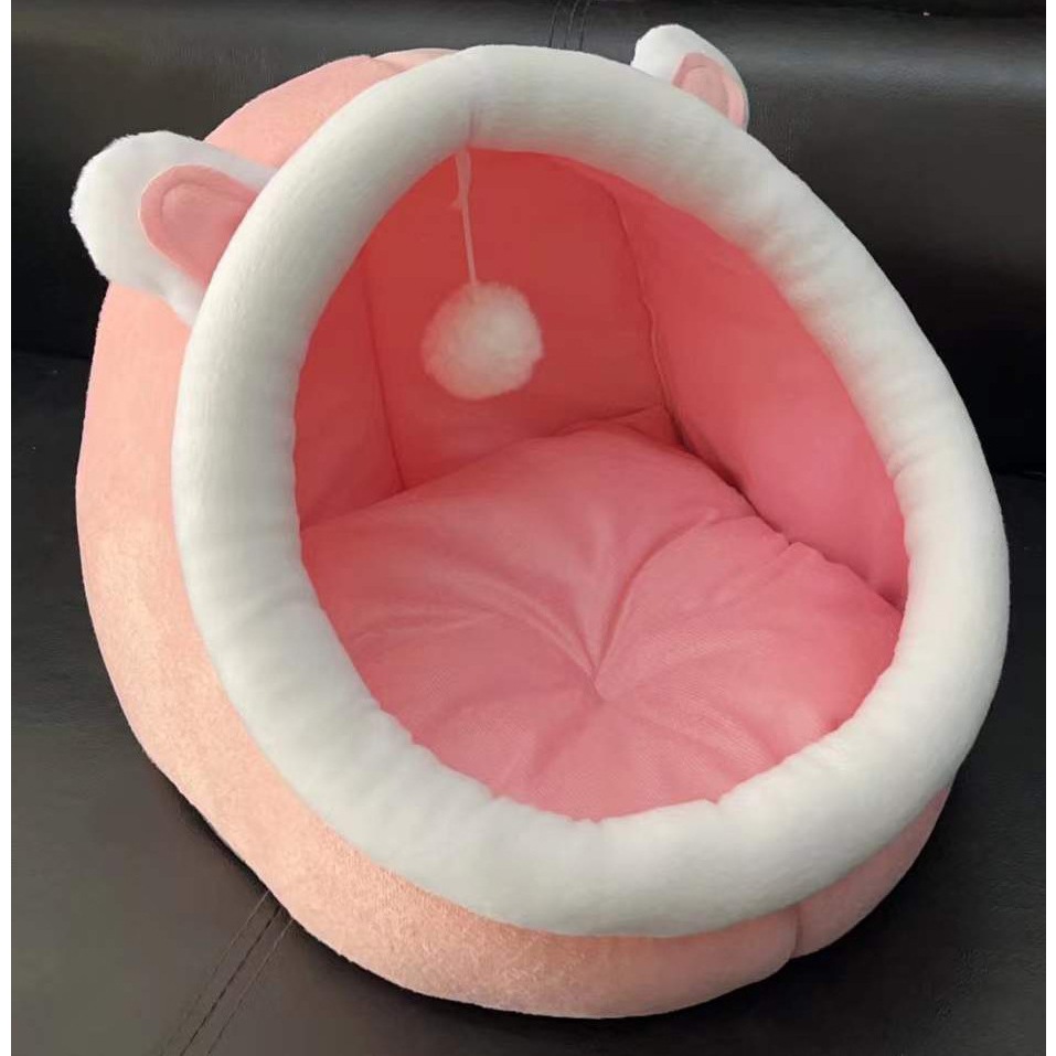 Ổ Đệm Cho Mèo, Giường Mèo Êm Ái Có Vành Tai Kèm Cục Bông Tròn Đồ Chơi Dành Cho Thú Cưng 40x44x34cm