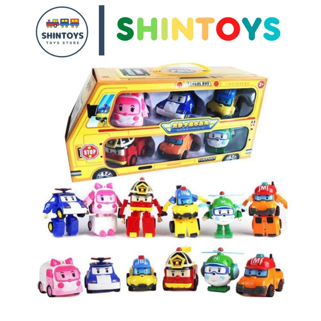 Bộ 6 Xe Poli Robocar Size Lớn, Xe Ô Tô Đồ Chơi Biến Hình 2in1 Hoặc Lắp Ráp, Nhựa ABS - Shintoys