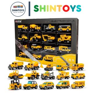 Xe mô hình kim loại 1:64, hộp 15 loại xe ô tô công trình, xe cứu hỏa chất liệu hợp kim khác nhau - shintoys