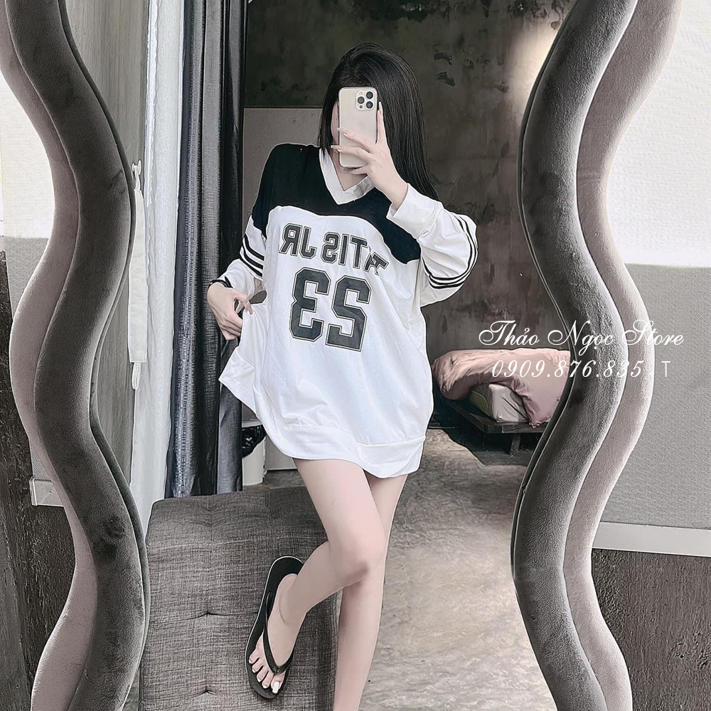 Áo thun nữ form rộng cổ tim số 23, áo thun phối màu form giấu quần!  THẢO NGỌC STORE