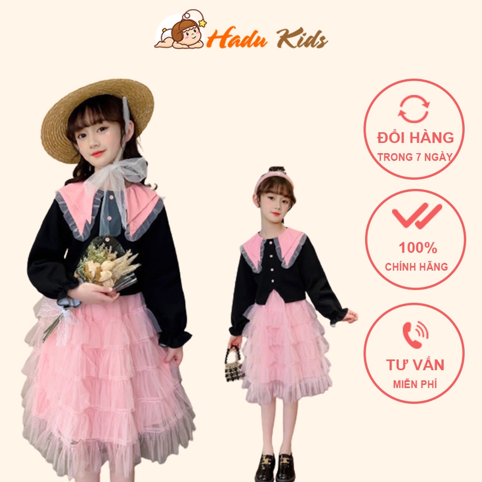 Set áo váy tầng tiểu thư thanh lịch cho bé gái Hàng Thiết Kế đầm bé gái dài tay mặc thu đông size đại 10-32kg Hadukids
