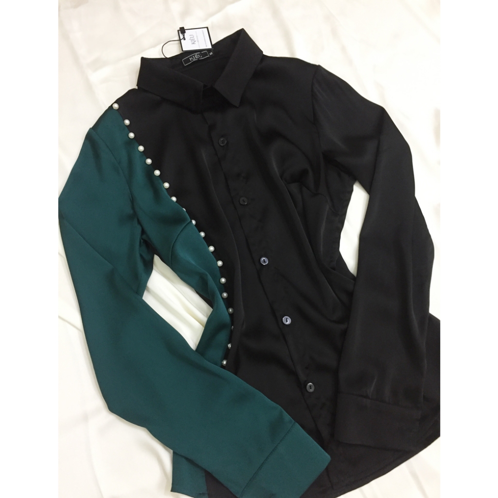 Áo sơ mi nữ màu xanh pha trắng💖Vải lụa💖áo nữ kiểu dài tay đính hạt